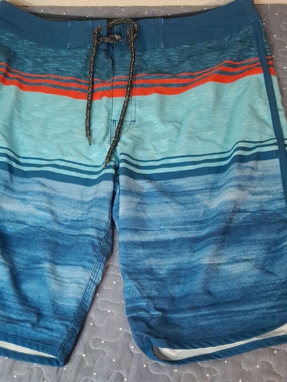 Men's Blue Striped Swim Board Shorts with Orange Accent